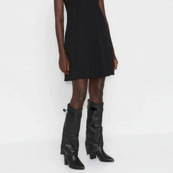 Women's Black Knee High  Fold Over  Wide Calf Pointed Toe  Chunky Heel Boot - Picture 4 of 5